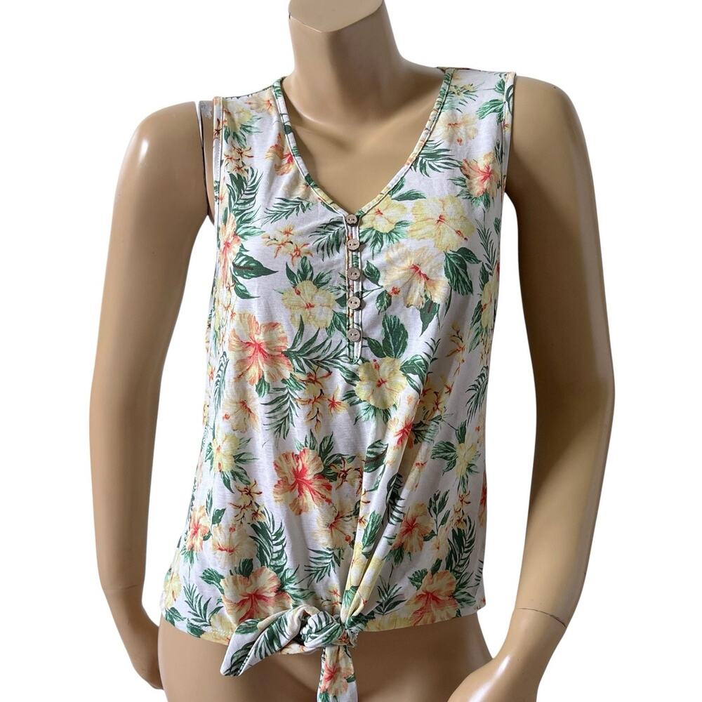 Late August Tank Top Womens S White Tropical Floral Tie Front Sleeveless Stretch